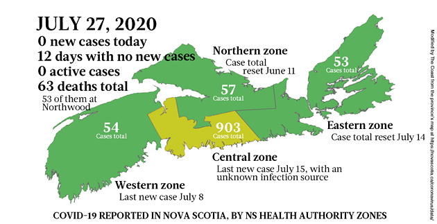 Map of COVID-19 cases reported in Nova Scotia as of July 27, 2020. - THE COAST