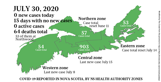 Map of COVID-19 cases reported in Nova Scotia as of July 30, 2020. - THE COAST