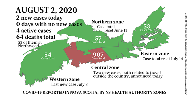 Map of COVID-19 cases reported in Nova Scotia as of August 2, 2020. - THE COAST