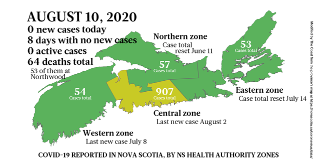 Map of COVID-19 cases reported in Nova Scotia as of August 10, 2020. - THE COAST