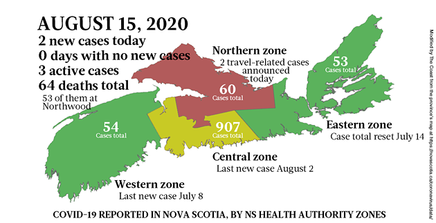 Map of COVID-19 cases reported in Nova Scotia as of August 15, 2020. - THE COAST