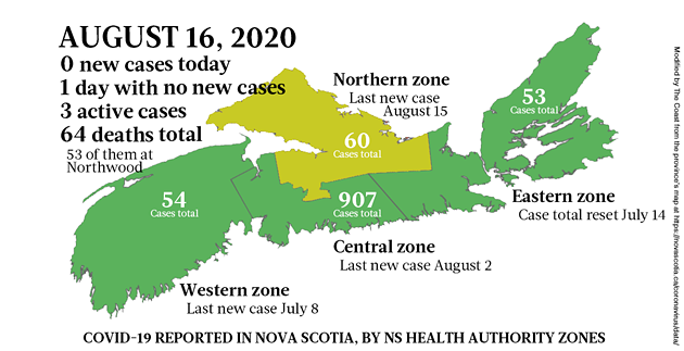 Map of COVID-19 cases reported in Nova Scotia as of August 16, 2020. - THE COAST