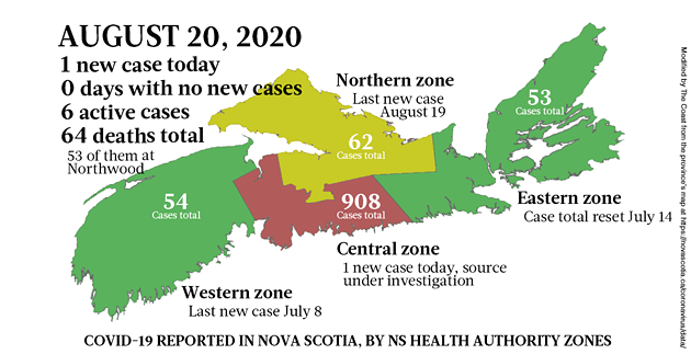 Map of COVID-19 cases reported in Nova Scotia as of August 20, 2020. - THE COAST