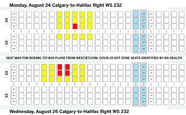 There's been COVID-19 "close contact" to WS232 passengers in the yellow seats, likely from people in the red seats. - THE COAST