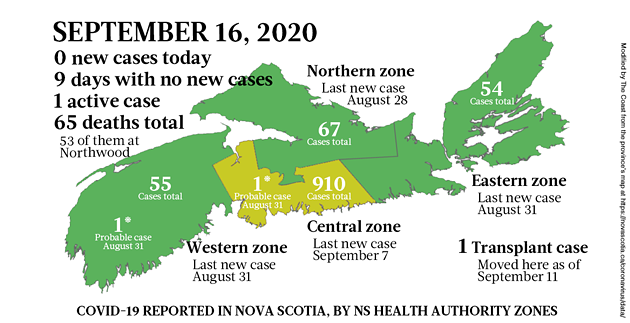 Map of COVID-19 cases reported in Nova Scotia as of September 16, 2020. The yellow-ish colour is for areas with infection(s) in the last two weeks (a C19 incubation cycle); green regions are two-plus weeks clear; red is a case today. - THE COAST