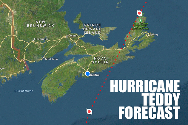As of Tuesday night, Hurricane Teddy is forecast to make landfall east of Halifax around dawn Wednesday. - HURRICANES PRO APP