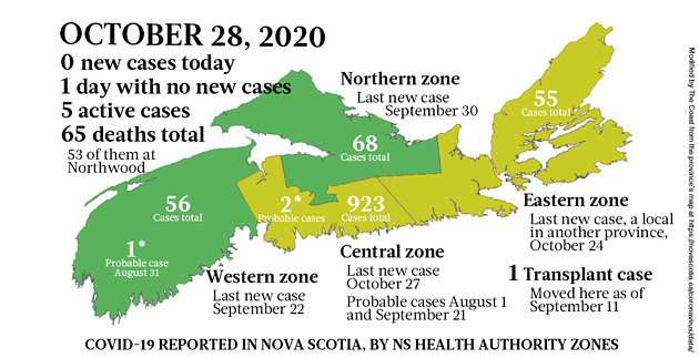 Map of COVID-19 cases reported in Nova Scotia as of October 28, 2020. Legend here. - THE COAST