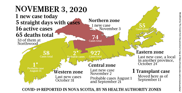 Map of COVID-19 cases reported in Nova Scotia as of November 3, 2020. Legend here. - THE COAST