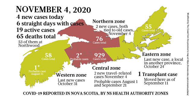 Map of COVID-19 cases reported in Nova Scotia as of November 4, 2020. Legend here. - THE COAST