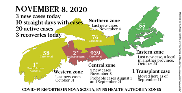 Map of COVID-19 cases reported in Nova Scotia as of November 8, 2020. Legend here. - THE COAST