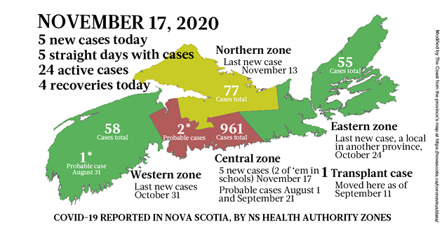Map of COVID-19 cases reported in Nova Scotia as of November 17, 2020. Legend here. - THE COAST