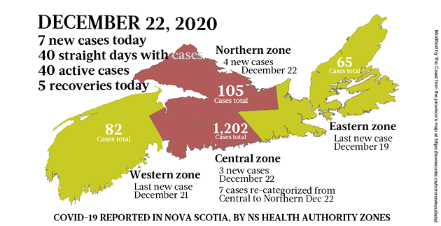 Map of COVID-19 cases reported in Nova Scotia as of December 22, 2020. Legend here. - THE COAST