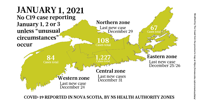 Map of COVID-19 cases in Nova Scotia as of January 1, 2021, when the province is taking a holiday break from reporting. Legend here. - THE COAST