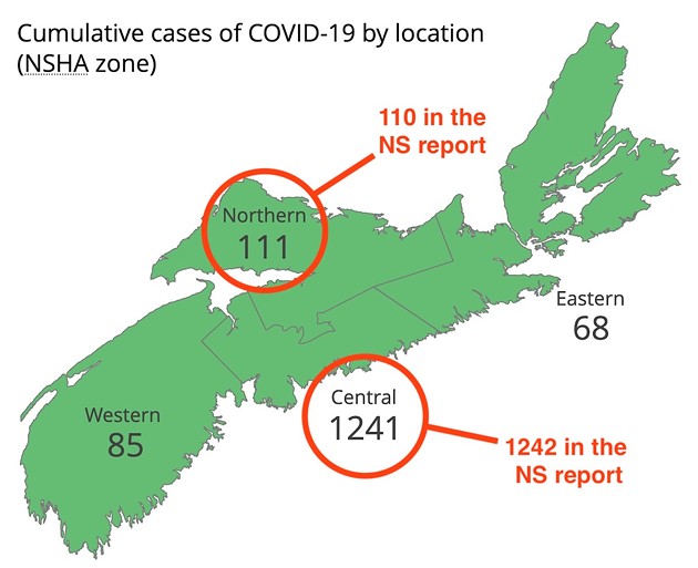 The province's map and the province's report have different numbers as of Monday evening. - SCREENSHOT FROM NOVASCOTIA.CA WITH COAST NOTES