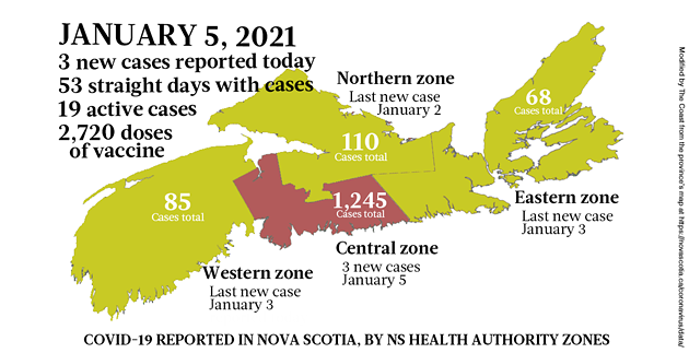 Map of COVID-19 cases reported in Nova Scotia as of January 5, 2021. Legend here. - THE COAST