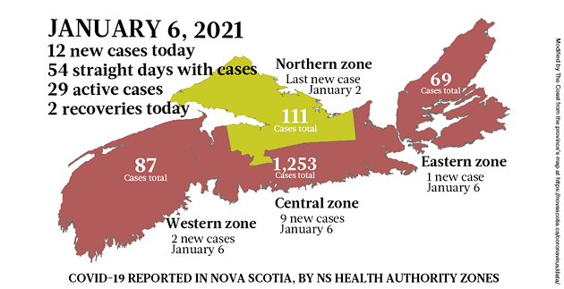 Map of COVID-19 cases reported in Nova Scotia as of January 6, 2021. Legend here. - THE COAST
