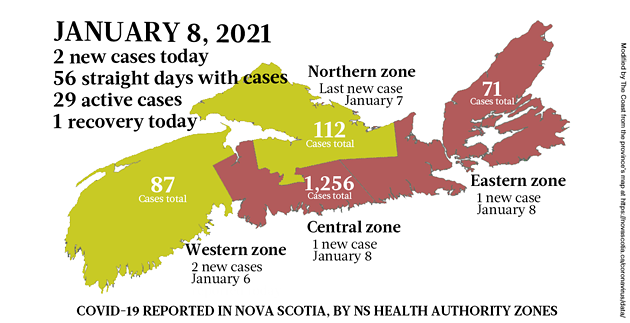 Map of COVID-19 cases reported in Nova Scotia as of January 8, 2021. Legend here. - THE COAST