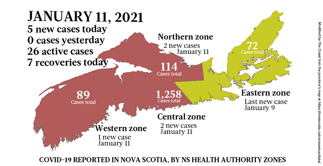 Map of COVID-19 cases reported in Nova Scotia as of January 11, 2021. Legend here. - THE COAST