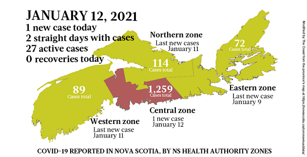 Map of COVID-19 cases reported in Nova Scotia as of January 12, 2021. Legend here. - THE COAST