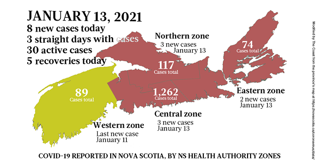 Map of COVID-19 cases reported in Nova Scotia as of January 13, 2021. Legend here. - THE COAST