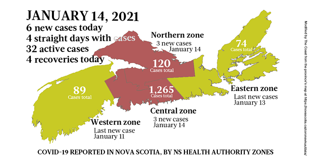 Map of COVID-19 cases reported in Nova Scotia as of January 14, 2021. Legend here. - THE COAST