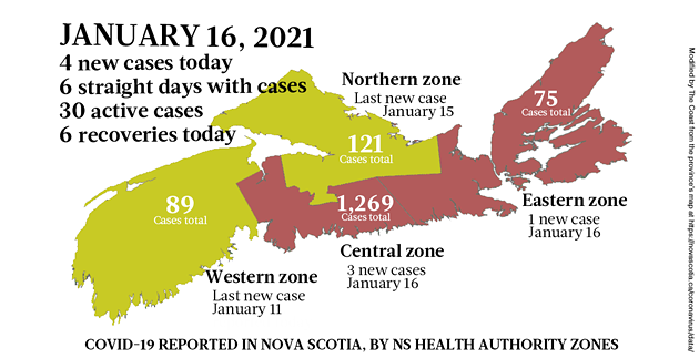 Map of COVID-19 cases reported in Nova Scotia as of January 16, 2021. Legend here. - THE COAST