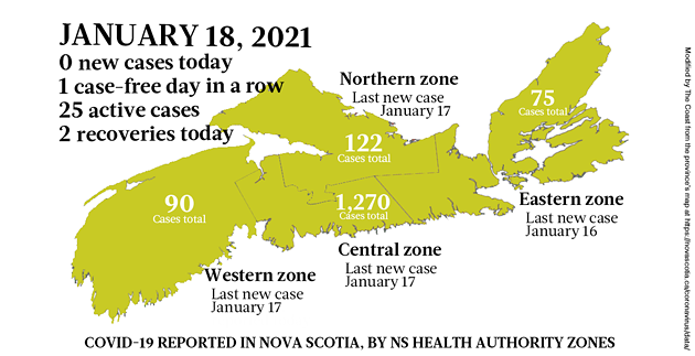 Map of COVID-19 cases reported in Nova Scotia as of January 18, 2021. Legend here. - THE COAST