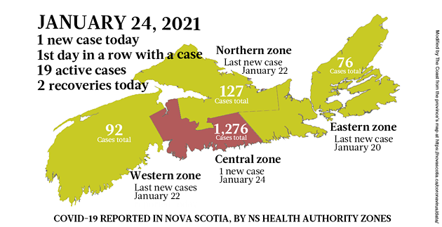 Map of COVID-19 cases reported in Nova Scotia as of January 24, 2021. Legend here. - THE COAST