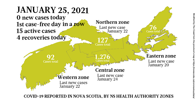 Map of COVID-19 cases reported in Nova Scotia as of January 25, 2021. Legend here. - THE COAST