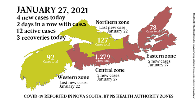 Map of COVID-19 cases reported in Nova Scotia as of January 27, 2021. Legend here. - THE COAST