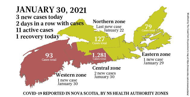 Map of COVID-19 cases reported in Nova Scotia as of January 30, 2021. Legend here. - THE COAST