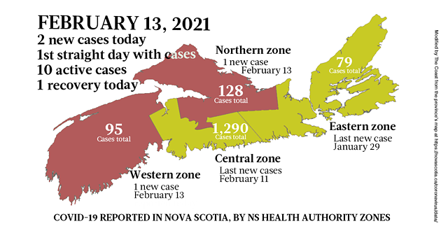 Map of COVID-19 cases reported in Nova Scotia as of February 13, 2021. Legend here. - THE COAST