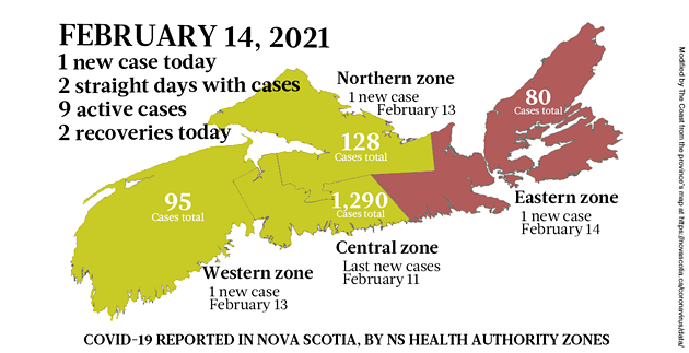 Map of COVID-19 cases reported in Nova Scotia as of February 14, 2021. Legend here. - THE COAST