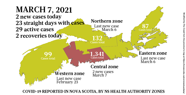 Map of COVID-19 cases reported in Nova Scotia as of March 7, 2021. Legend here. - THE COAST