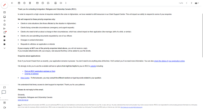 If you contacted the IRCC in the fall of 2021, automated response was resources were focused on the Afghan refugees crisis. Minister Fraser says resources are better allocated now. - SCREENSHOT