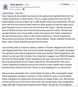 Part 1 of a post on Clark Squires' LinkedIn dated December 3, 2021 about the Titanic project. He told the Herald $150 million would go into the Titanic replica, and the other $150 million toward other developments in the area, such as apartment buildings. - SCREENSHOT