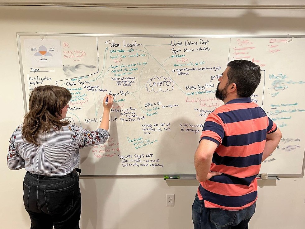 Coast reporters Kaija Jussinoja and Matt Stickland consult the mind map. The Coast blurred some information unrelated to the story. - THE COAST