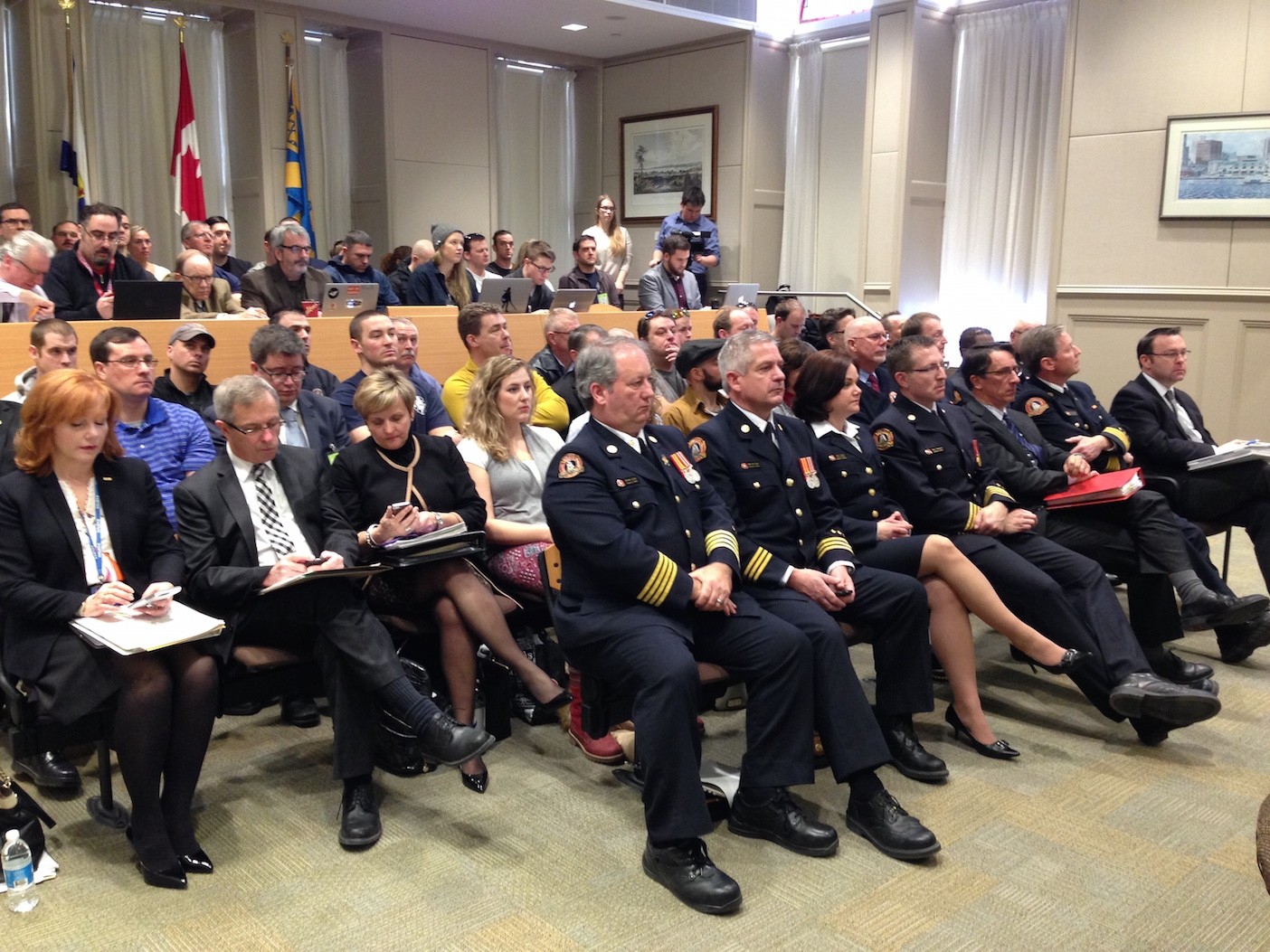 The assembled municipal employees, firefighters, reporters and citizens gathered at council to hear Trussler speak this week. - THE COAST