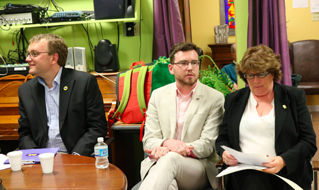 Incumbent councillor Waye Mason (left) faces-off against Dominick Desjardins and Sue Uteck in the battle for District 7. - ADINA BRESGE