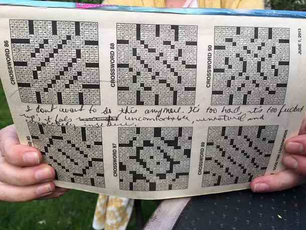 There were moments when Coffin knew she wanted out. She scrawled this message—beginning “I don’t want to do this anymore”—in a crossword book after a fight with Harris. - MAGGIE RAHR