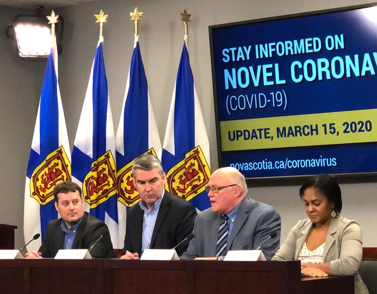 Nova Scotia officials, from left, health minister Randy Delorey, premier Stephen McNeil, chief and deputy chief medical officers of health Robert Strang and Gaynor Watson-Creed, at Sunday's COVID-19 press conference.