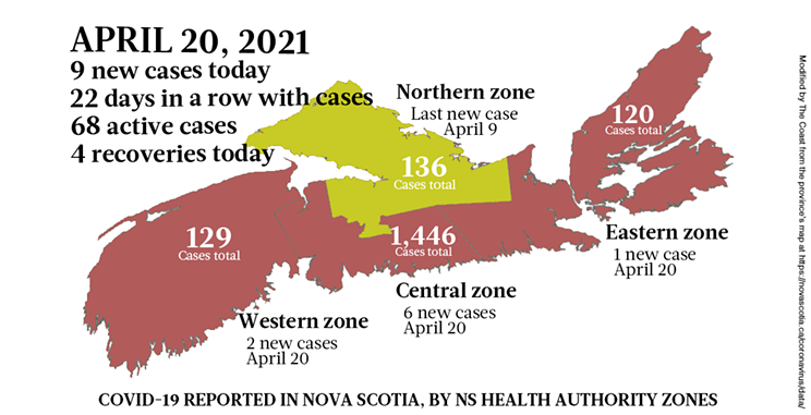 Map of COVID-19 cases reported in Nova Scotia as of April 20, 2021. Legend here. THE COAST