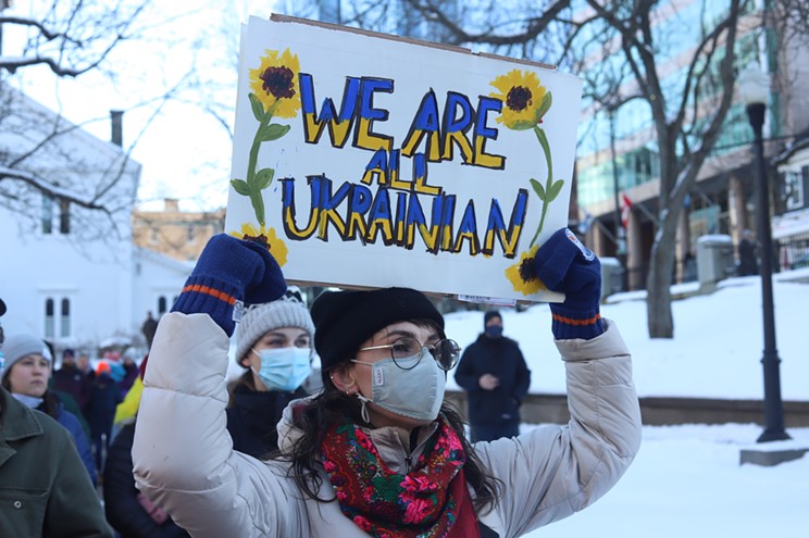 A  sign of solidarity at the rally in support of Ukraine in Halifax on Saturday, February 26.