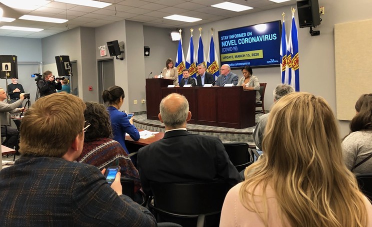 Journalists, politicians and Nova Scotia officials crowded in to hear about the province's first COVID cases on March 15, 2020.