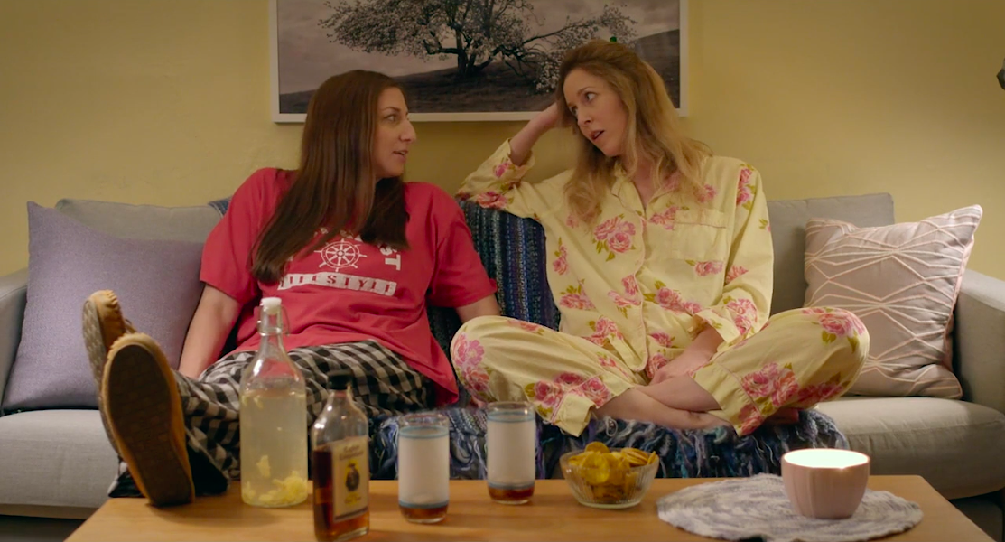 Peretti and Kent in the sleepover scene of Spinster. - FILM STILL
