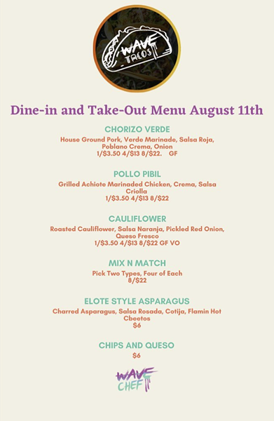 The most recent menu from Wave. - INSTAGRAM