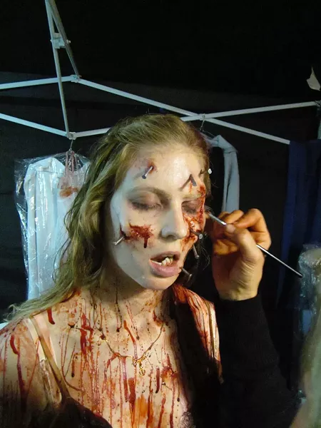 On set of Evil Dead, where Patrick Baxter was one of te make-up effects artists bringing the horror to nail-marked life. - PATRICK BAXTER