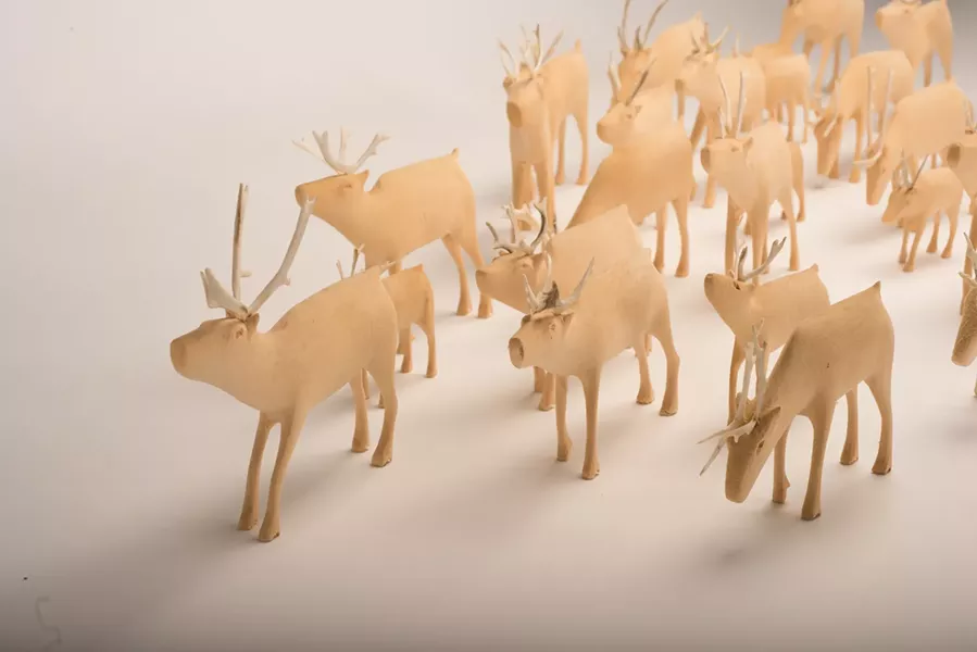 Chesley Flowers, The George River Herd (1995-1996), Wood and antler. 121.92 x 121.92 cm. The Rooms Provincial Art Gallery, Memorial University Collection. - NED PRATT PHOTOGRAPHY VIA ARTGALLERYOFNOVASCOTIA.CA