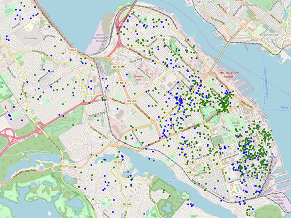 Right now in Halifax, there are about 1,100 Airbnb listings, and hosts with multiple listings—who will have to register with the province and pay $50-$150 per listing—make up 30 percent of all hosts, own 60 percent of all the listings, and earn about 60 percent of the revenue. - This map shows green dots for entire home listings and the blue dots for private or shared room. - TOM SLEE