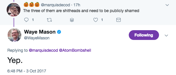 A since-deleted tweet from the councillor about his non-shithead colleagues. - VIA TWITTER